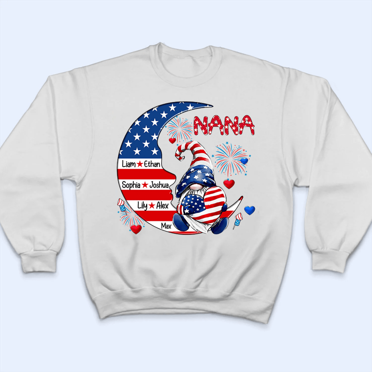Fourth 4th Of July Grandma Patriotic Gnome - Personalized Custom Kids Names T Shirt - Independence Day, Birthday, Loving, Funny Gift for Grandma/Nana/Mimi, Mom, Wife, Grandparent