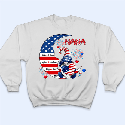 Fourth 4th Of July Grandma Patriotic Gnome - Personalized Custom Kids Names T Shirt - Independence Day, Birthday, Loving, Funny Gift for Grandma/Nana/Mimi, Mom, Wife, Grandparent