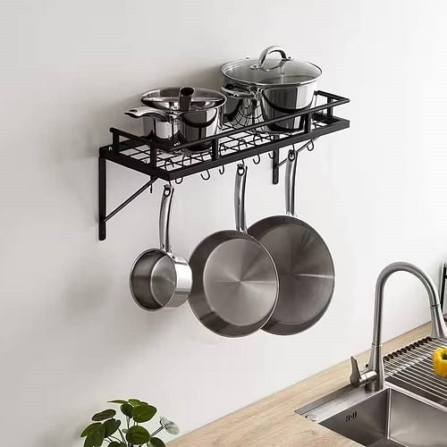 Matte Black Stainless Steel Wall Mounted Pot Rack with 10 Hanging