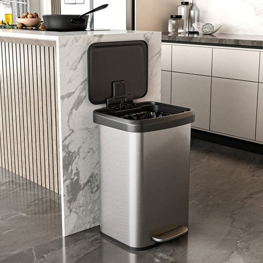 13-Gallon Silver Stainless Steel Step Trash Can with Soft Close Lid | Kitchen + Metal