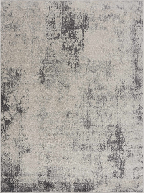 Textured area rug with a mix of gray and black colors on a white background