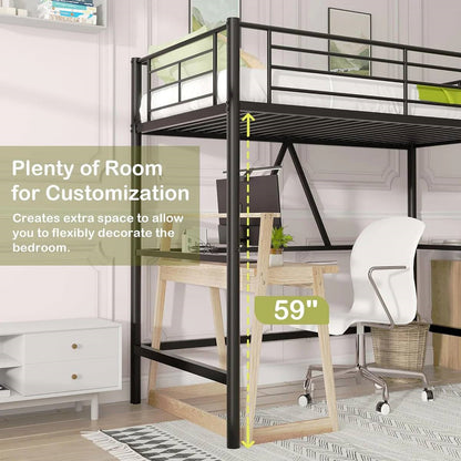 Twin size Black Metal Loft Bed Frame with Ladder - Space Saving Design