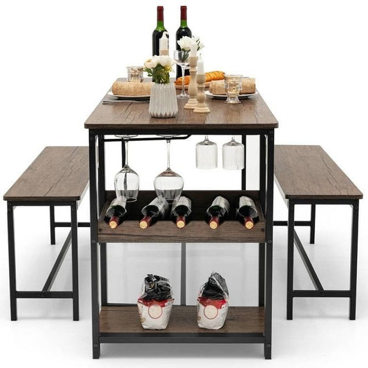 Modern Industrial 3-Piece Metal Wood Dining Set with 2 Benches | Kitchen + Metal