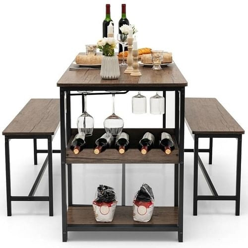 Modern Industrial 3-Piece Metal Wood Dining Set with 2 Benches | Kitchen + Metal