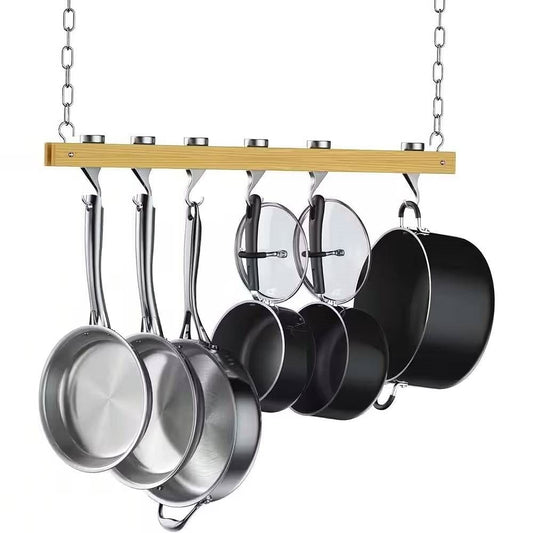 Ceiling Mounted 36-inch Wooden Pot Rack with 4 Pan Hanging Hooks and 2