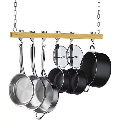 Ceiling Mounted 36-inch Wooden Pot Rack with 4 Pan Hanging Hooks and 2