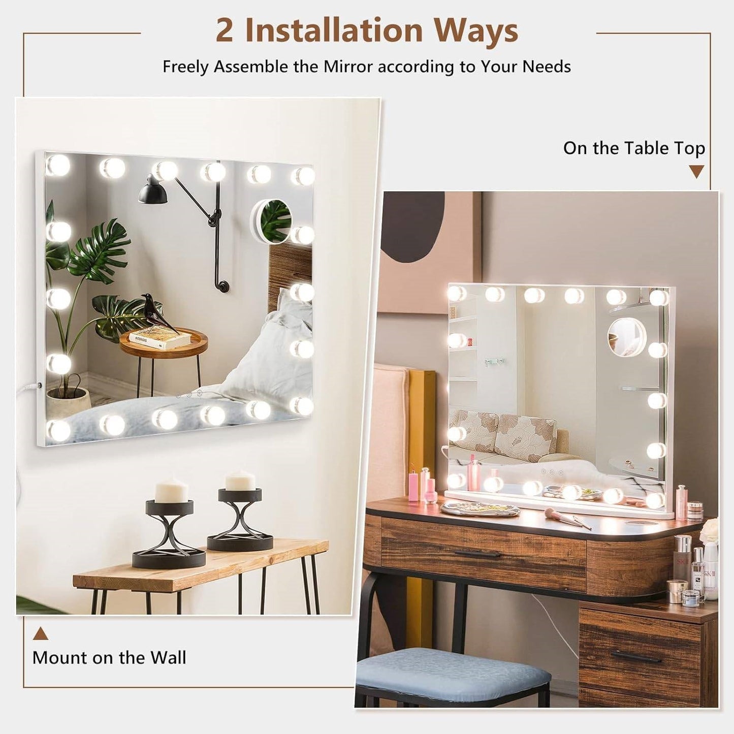 21 x 26 in Bathroom Mirror w/ Dimmable Lights + Removable 3X Magnifying Mirror