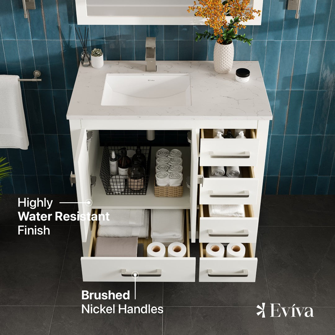 Eviva London Bath Vanity with Carrara Quartz Top and Undermount Porcelain Sink (20"-60")