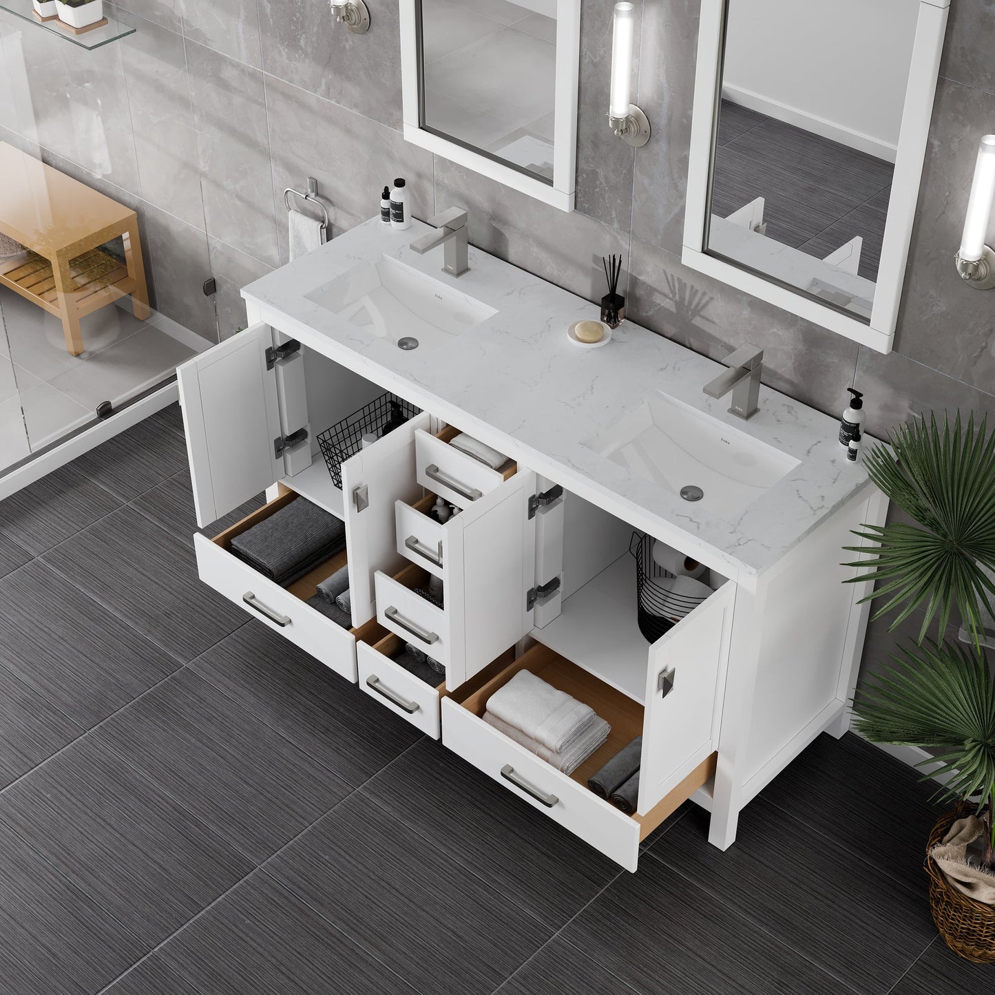 Eviva London Bath Vanity with Carrara Quartz Top and Undermount Porcelain Sink (20"-60")