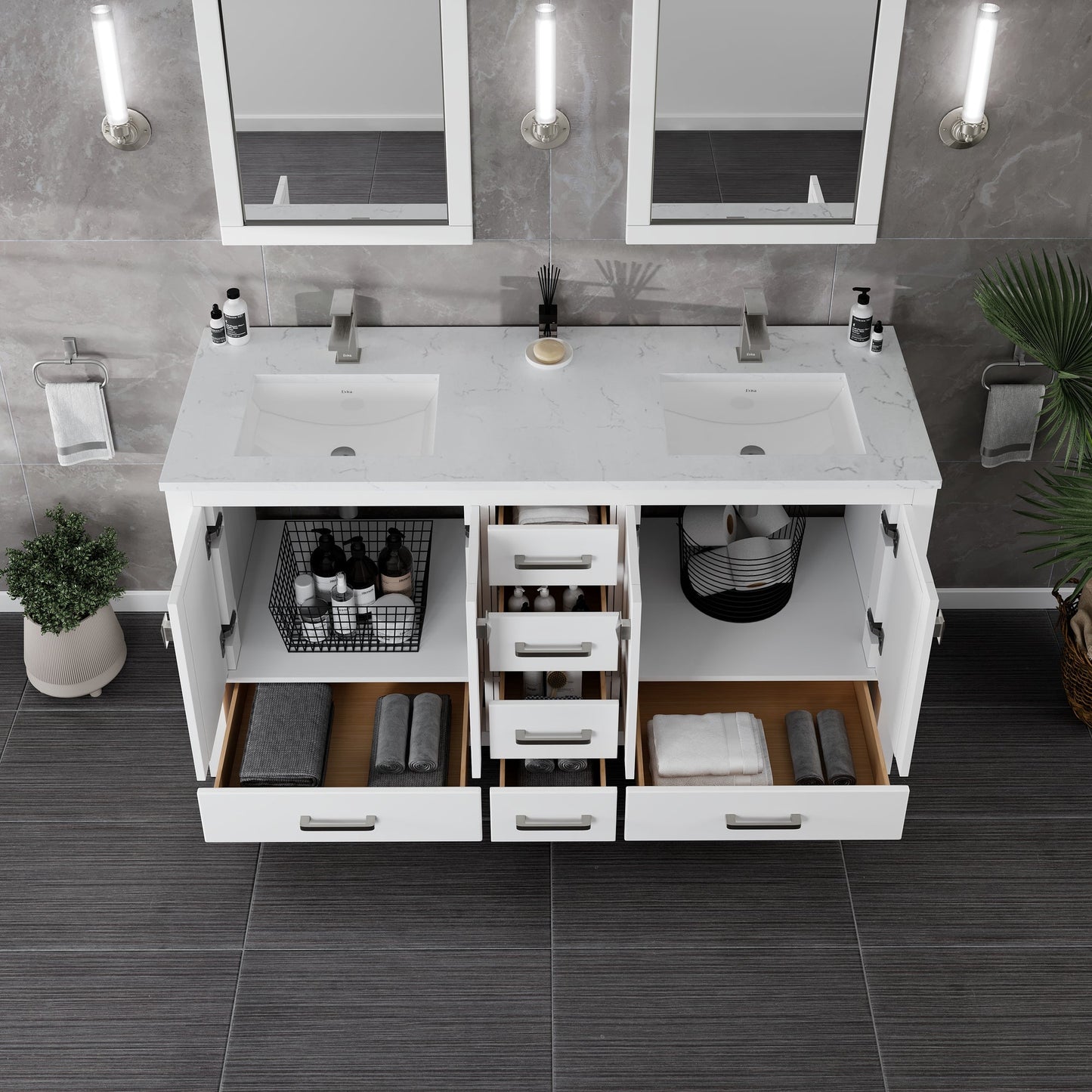 Eviva London Bath Vanity with Carrara Quartz Top and Undermount Porcelain Sink (20"-60")