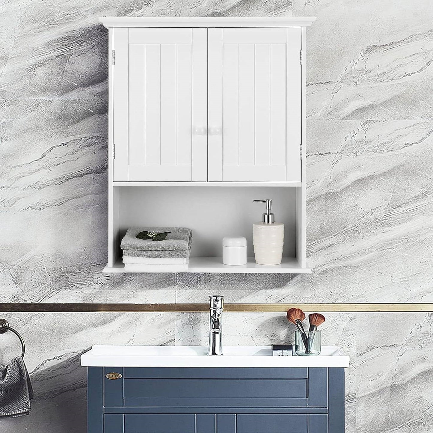 Bathroom Wall Mount Medicine Cabinet with Open Storage Shelf in White