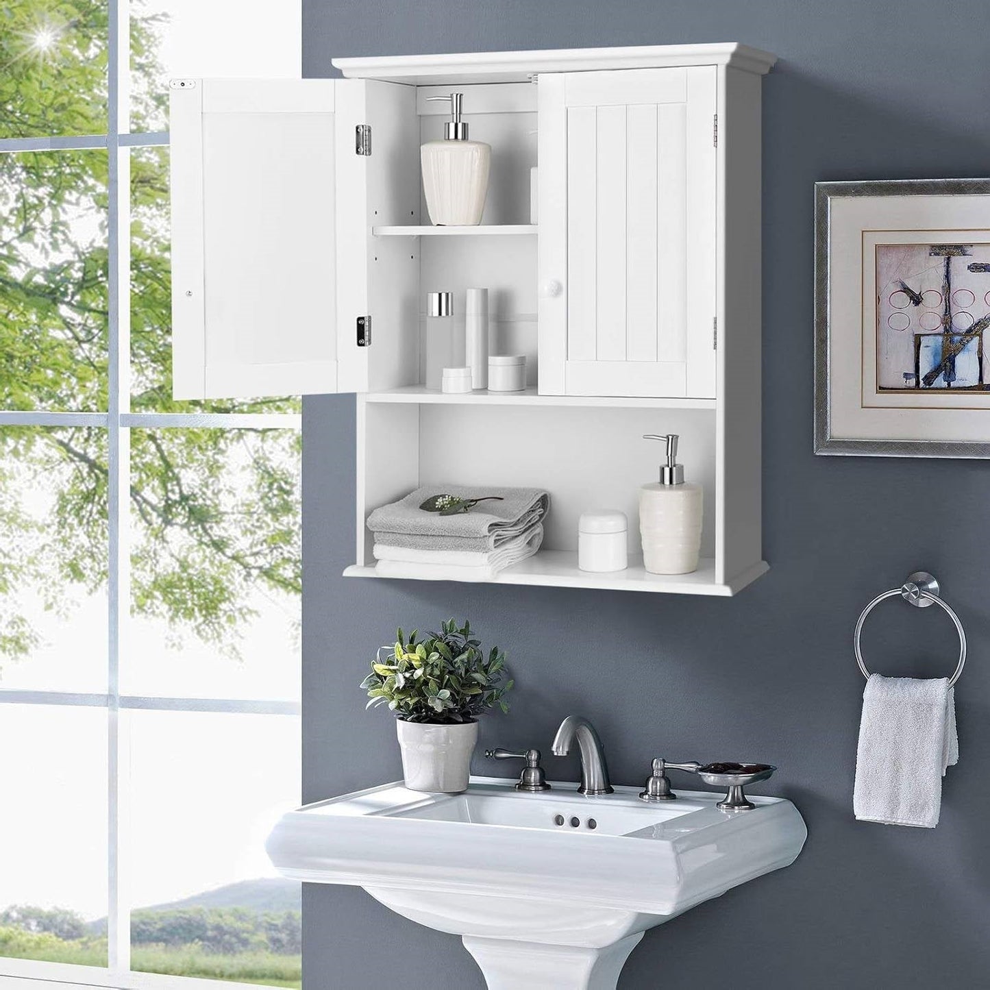 Bathroom Wall Mount Medicine Cabinet with Open Storage Shelf in White