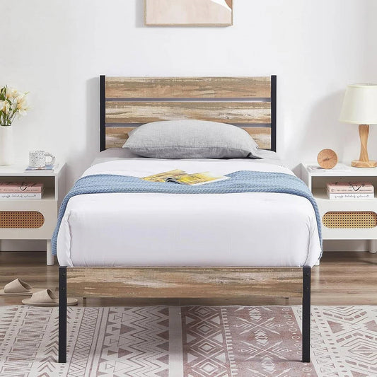 Twin Industrial Farmhouse Rustic Wood / Metal Platform Bed Frame with Headboard