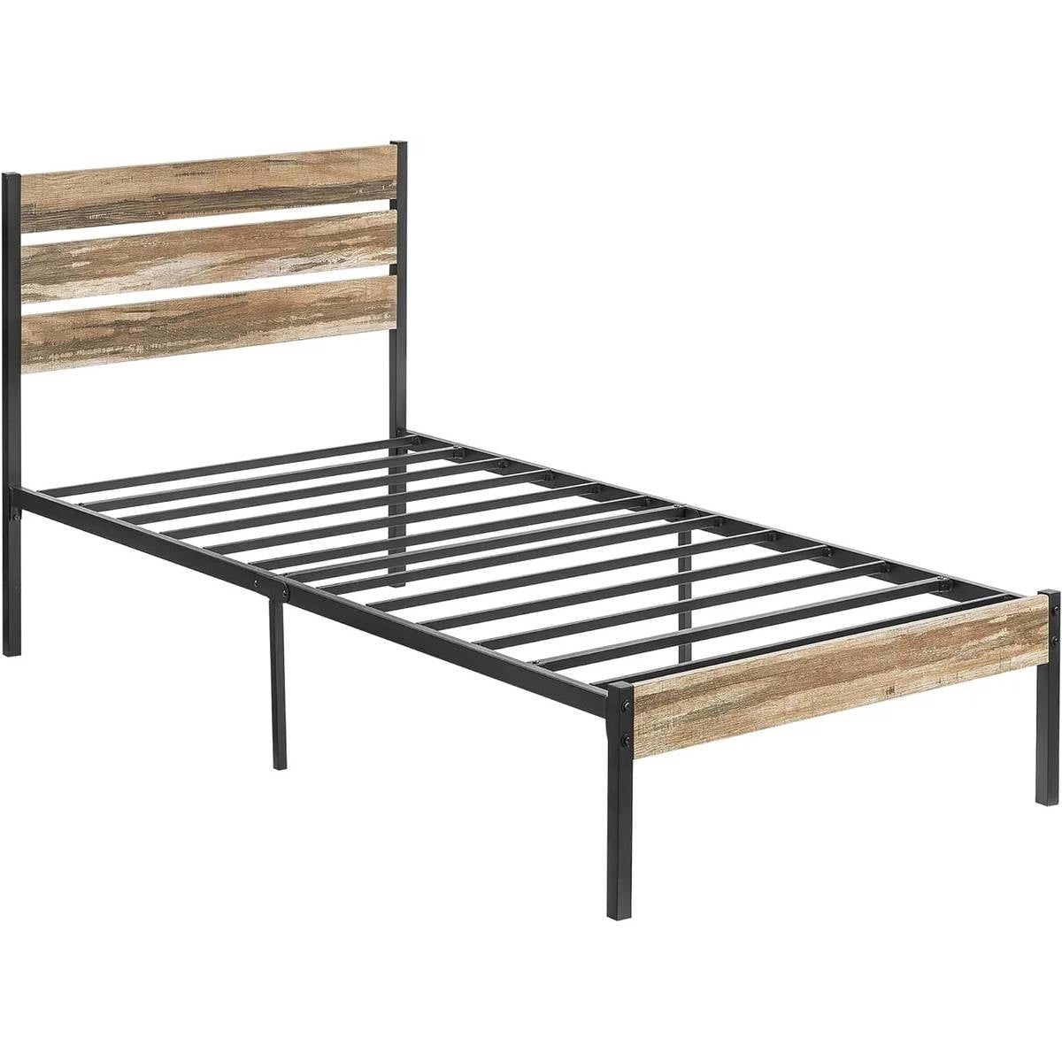 Twin Industrial Farmhouse Rustic Wood / Metal Platform Bed Frame with Headboard