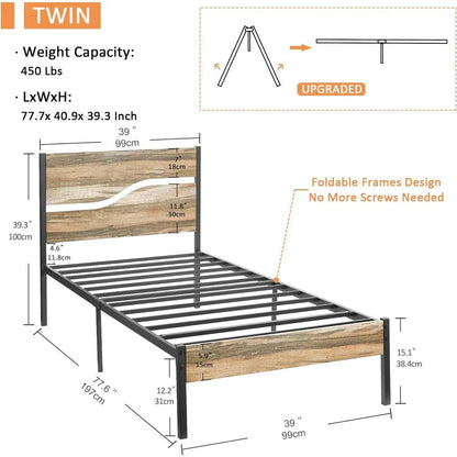 Twin Industrial Farmhouse Rustic Wood / Metal Platform Bed Frame with Headboard