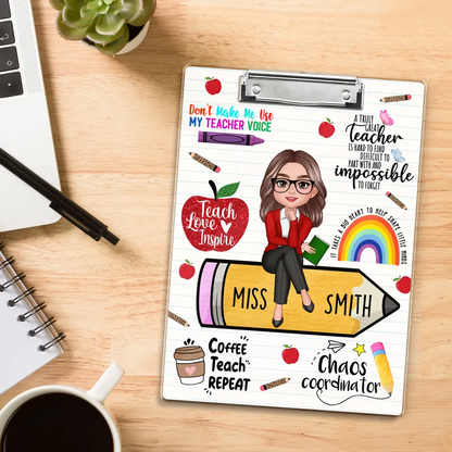 Teacher Sitting On Pencil - Personalized Custom Clipboard - Back To School Gift For Teacher, Educator, Kindergarten, Preschool, Pre K, Paraprofessional