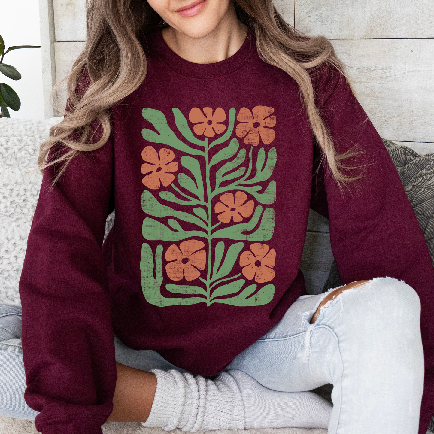 Terracotta Flower Botanical, Vintage Boho, Nature Sweatshirt