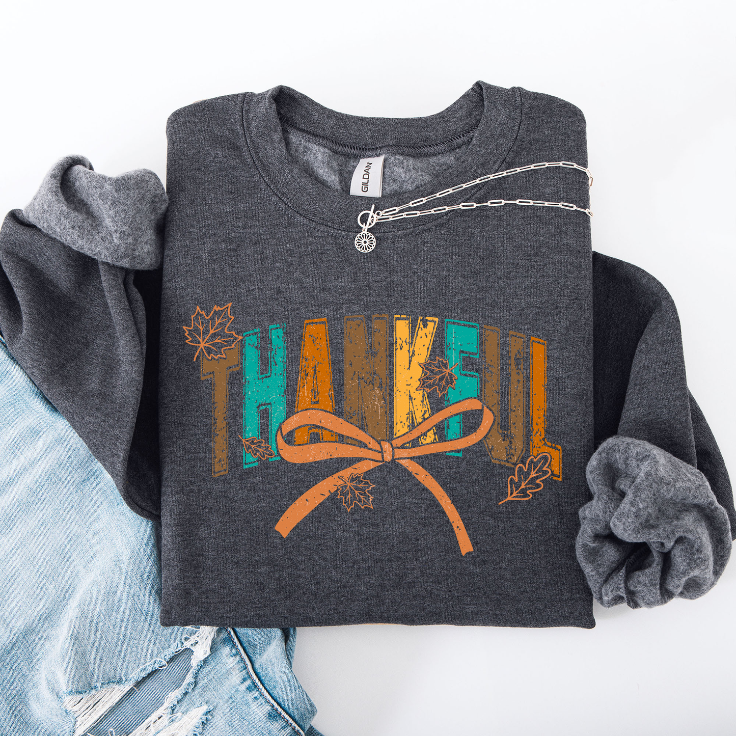 Thankful, Fall, Autumn, Bow, Ribbon Sweatshirt