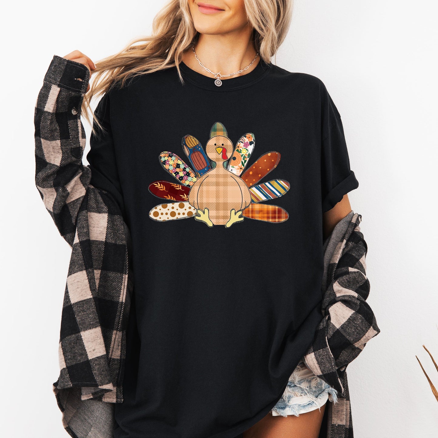 Thanksgiving Turkey, Plaid, Cute, Autumn, Patterns Tshirt Comfort Colors T-Shirt