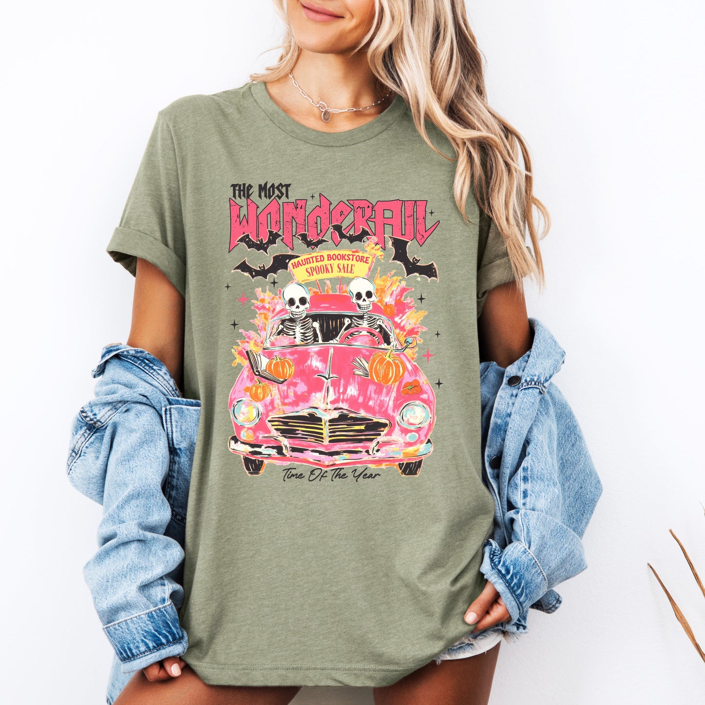 The Most Wonderful Time Of The Year, Reading Skeletons, Pink, Spooky, Halloween, Trending Graphic Tee, Tshirt