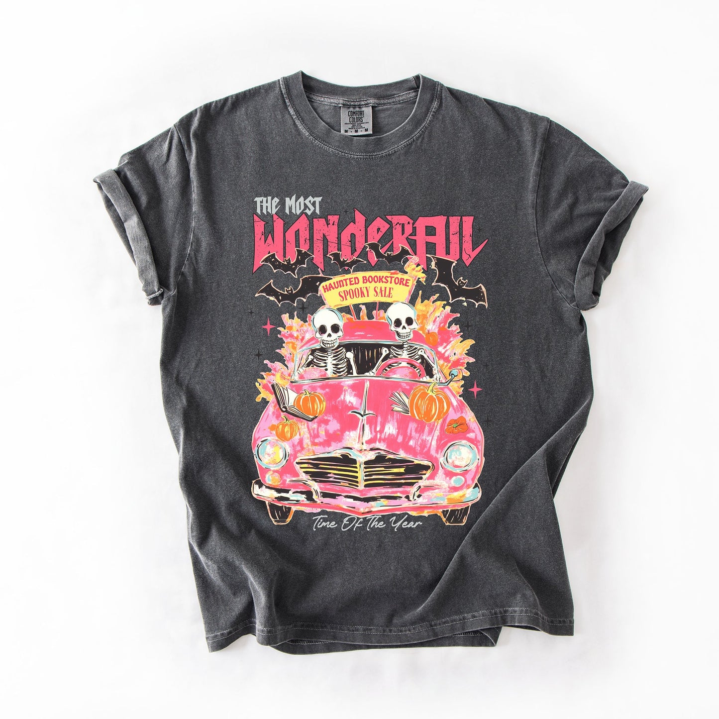 The Most Wonderful Time Of The Year, Reading Skeletons, Pink, Spooky, Halloween, Trending Graphic Tee, Comfort Colors T-Shirt