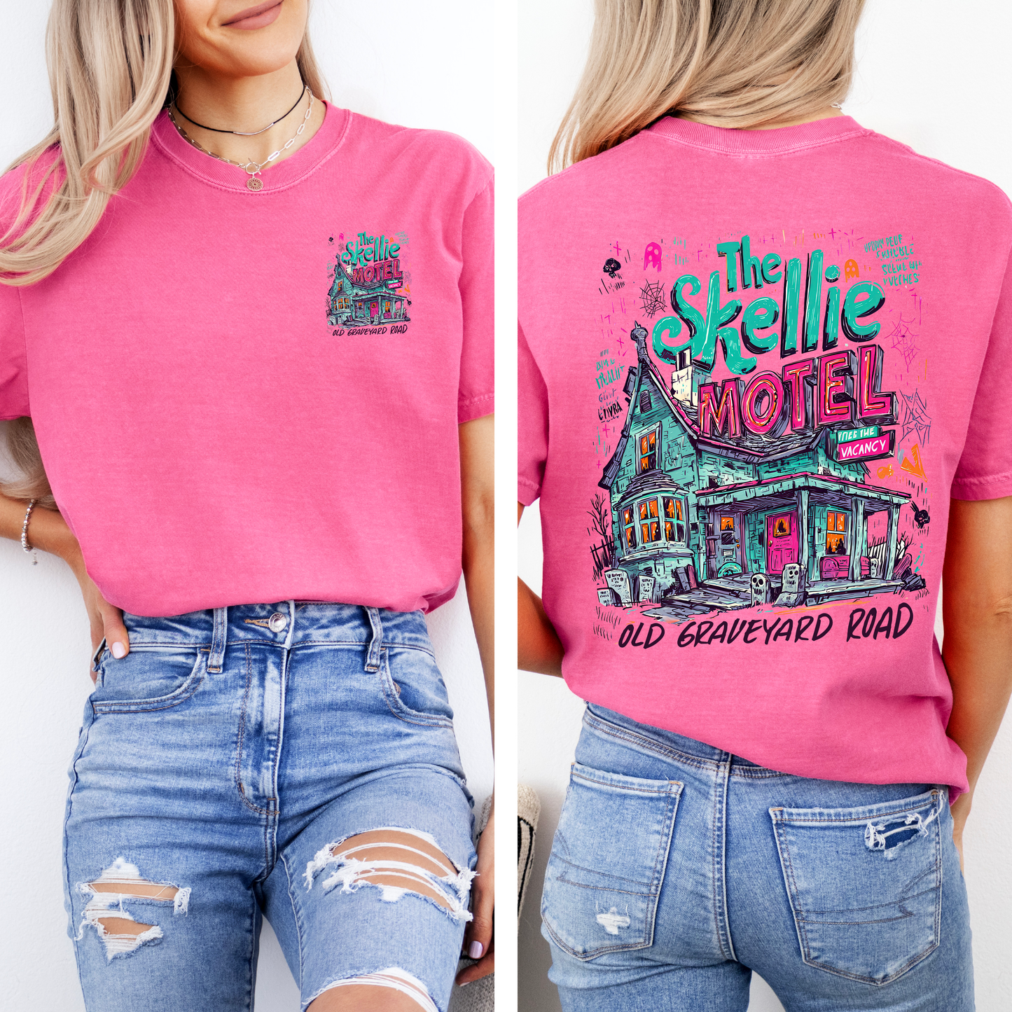 The Skellie Motel, Halloween, Front and Back, Spooky, Witches, Cute, Comfort Colors T-Shirt