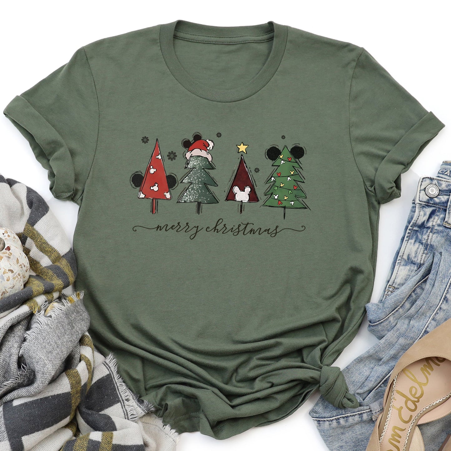 Theme Park Christmas, Ears, Merry Christmas Trees, Mouse, Super Soft Tshirt