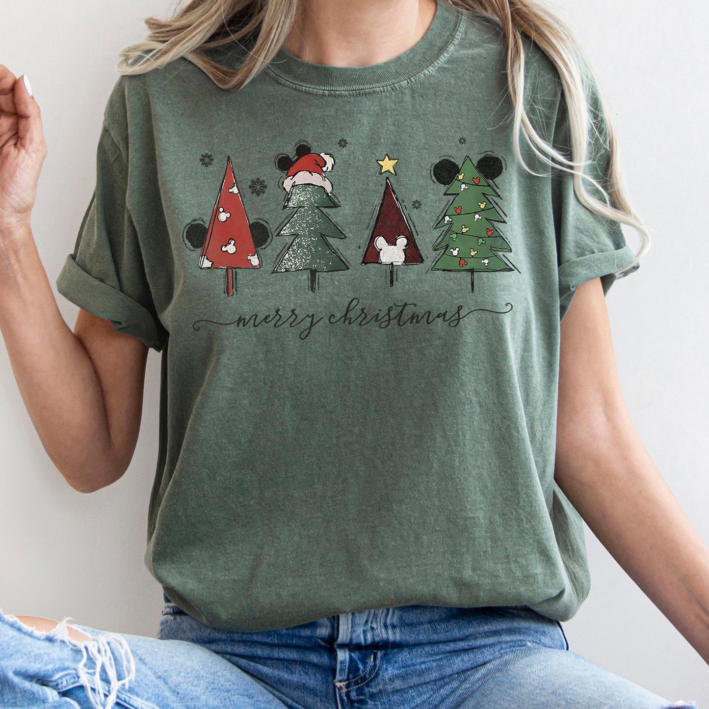 Theme Park Christmas, Ears, Merry Christmas Trees, Mouse, Comfort Colors Tshirt