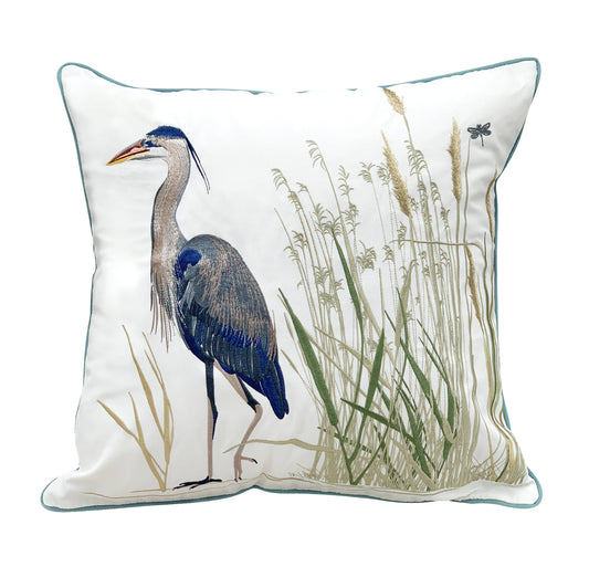 Great Blue Heron Coastal Embroidered Indoor/Outdoor 20" - Throw Pillow Polypropylene