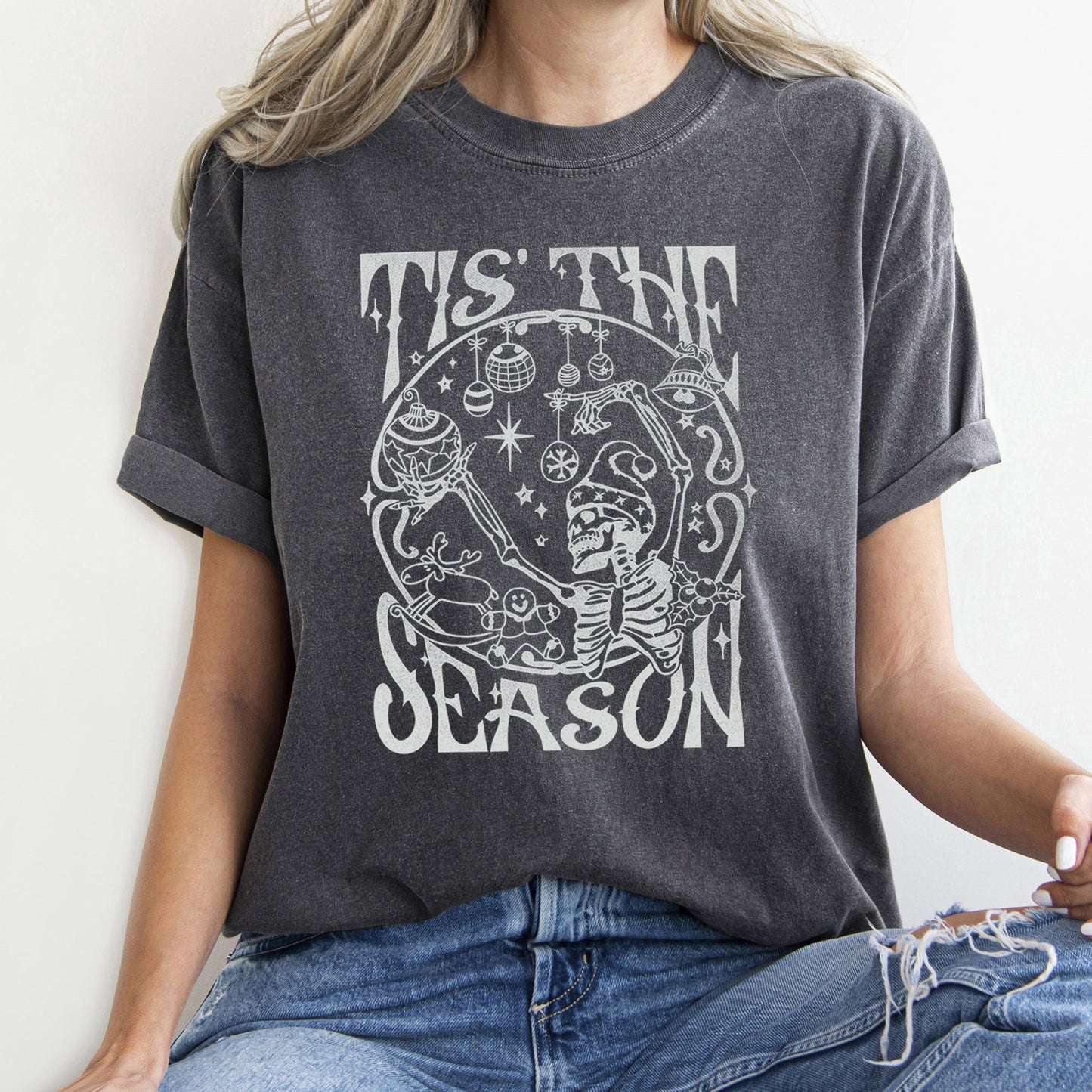 Tis The Season, Christmas Skeleton, Jolly, Dancing, Retro, Comfort Colors Tshirt