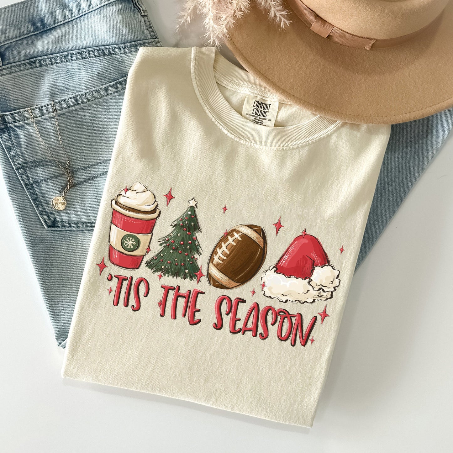 Tis The Season, Christmas, Football, Santa, Tree, Coffee, Winter, Xmas Tshirt Comfort Colors T-Shirt
