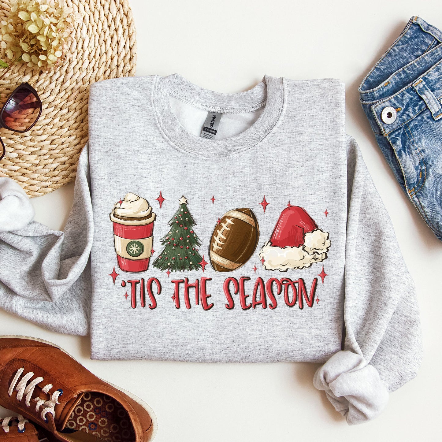 Tis The Season, Christmas, Football, Santa, Tree, Coffee, Winter, Xmas Sweatshirt