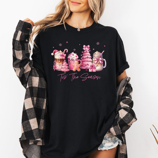 Tis The Season, Coffee Drinks, Pastel, Christmas, Pink, Snow Tshirt Comfort Colors T-Shirt
