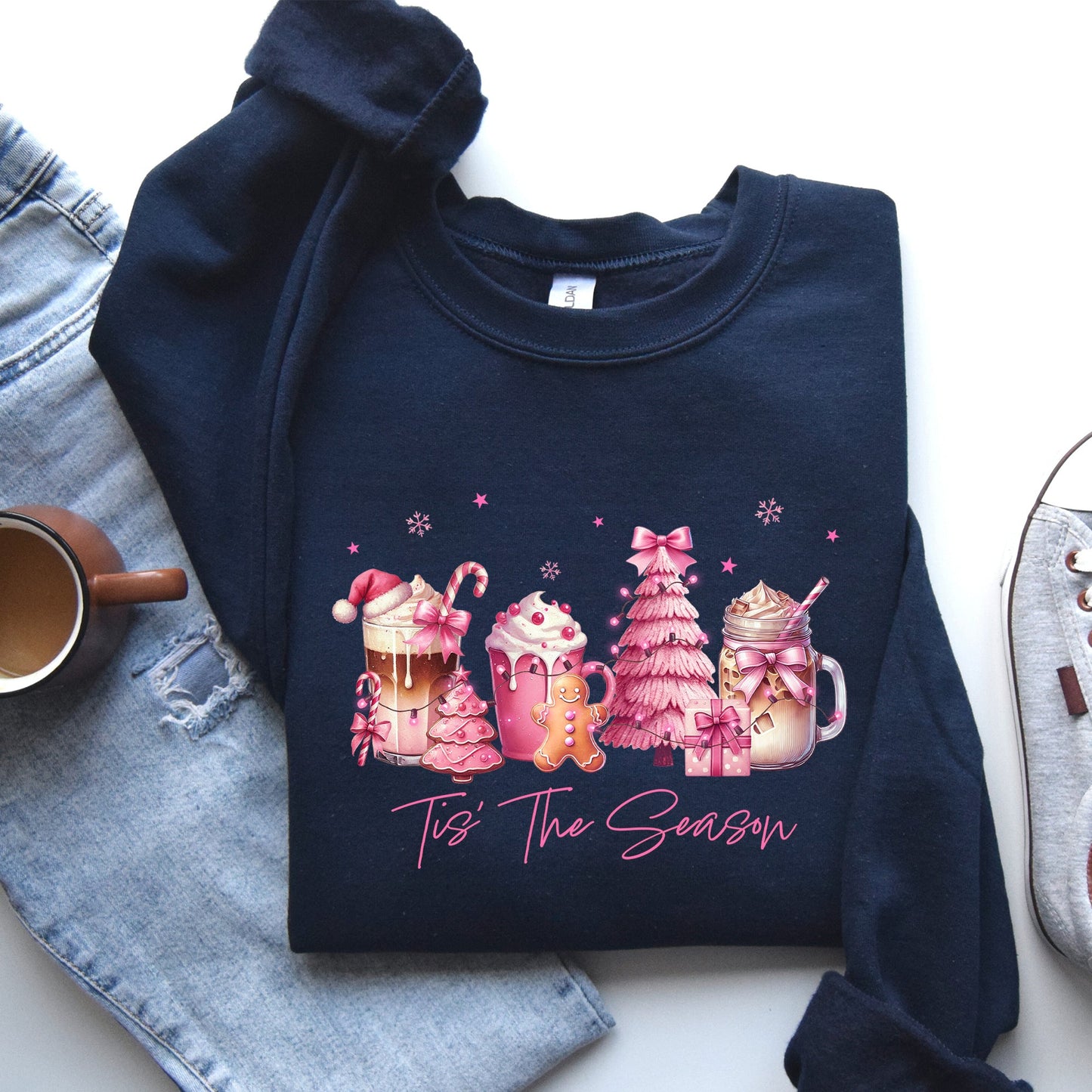 Tis The Season, Coffee Drinks, Pastel, Christmas, Pink, Snow Sweatshirt
