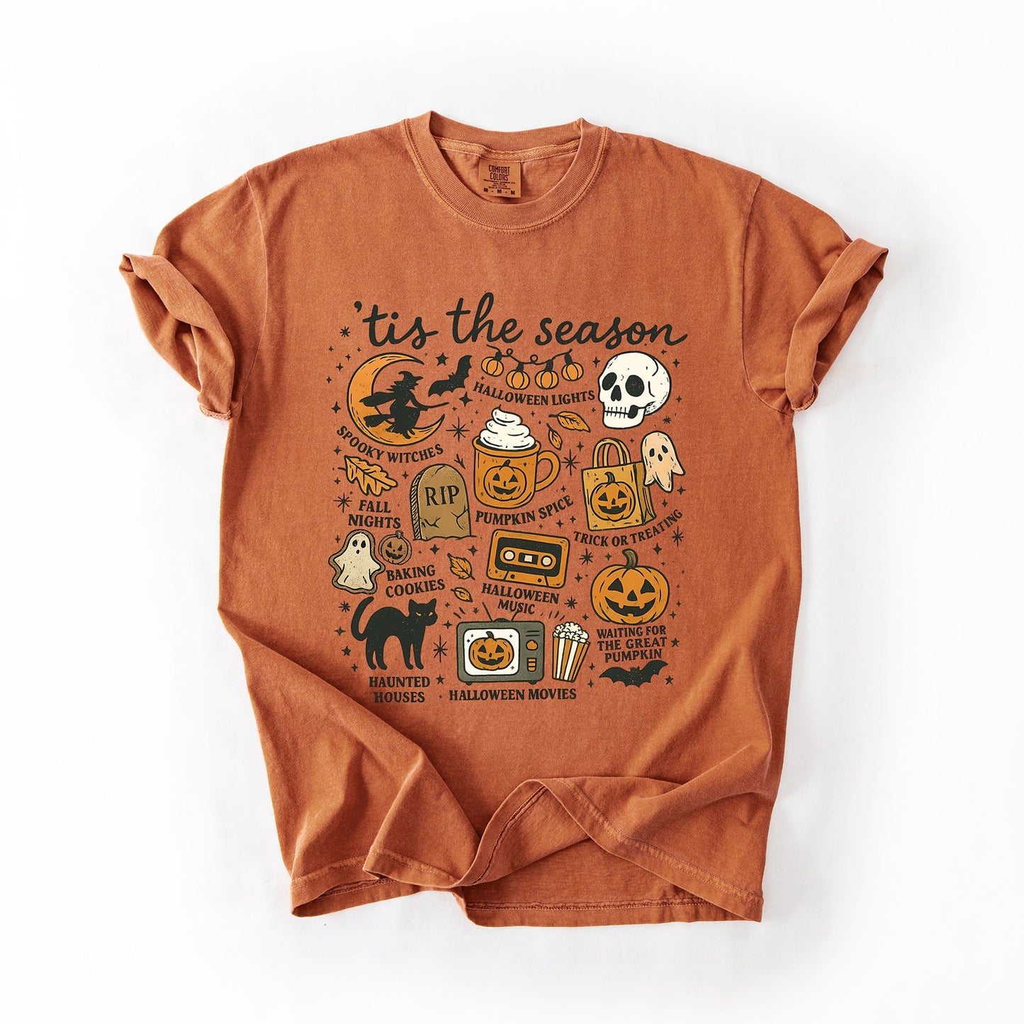 Tis The Season, Halloween, Skeleton, Black Cat, Witch, Ghost, Pumpkin, Comfort Colors T-Shirt