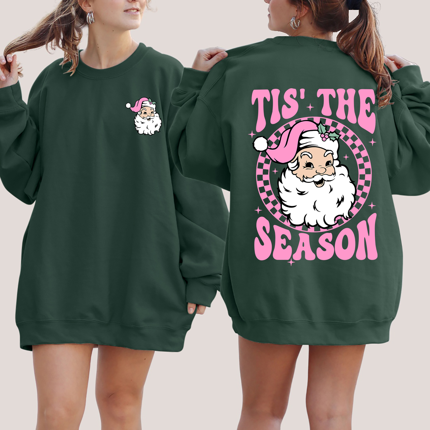 Tis The Season, Retro Santa, Pink, Checkered, Christmas, Front and Back Sweatshirt