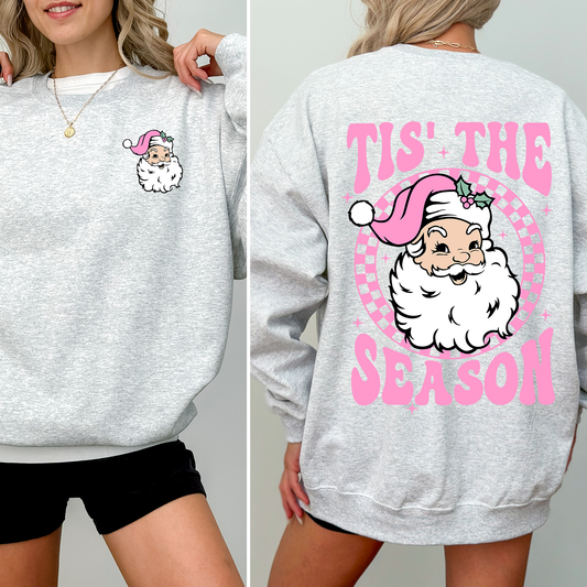 Tis The Season, Retro Santa, Pink, Checkered, Christmas, Front and Back Sweatshirt