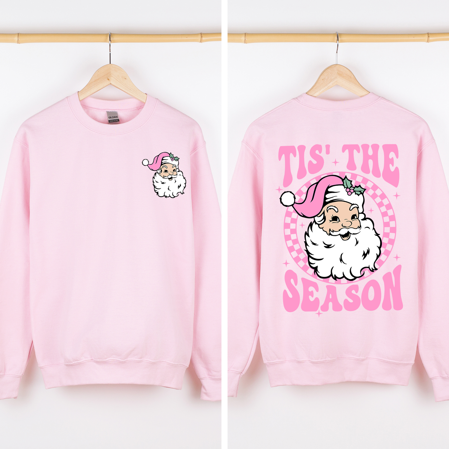 Tis The Season, Retro Santa, Pink, Checkered, Christmas, Front and Back Sweatshirt
