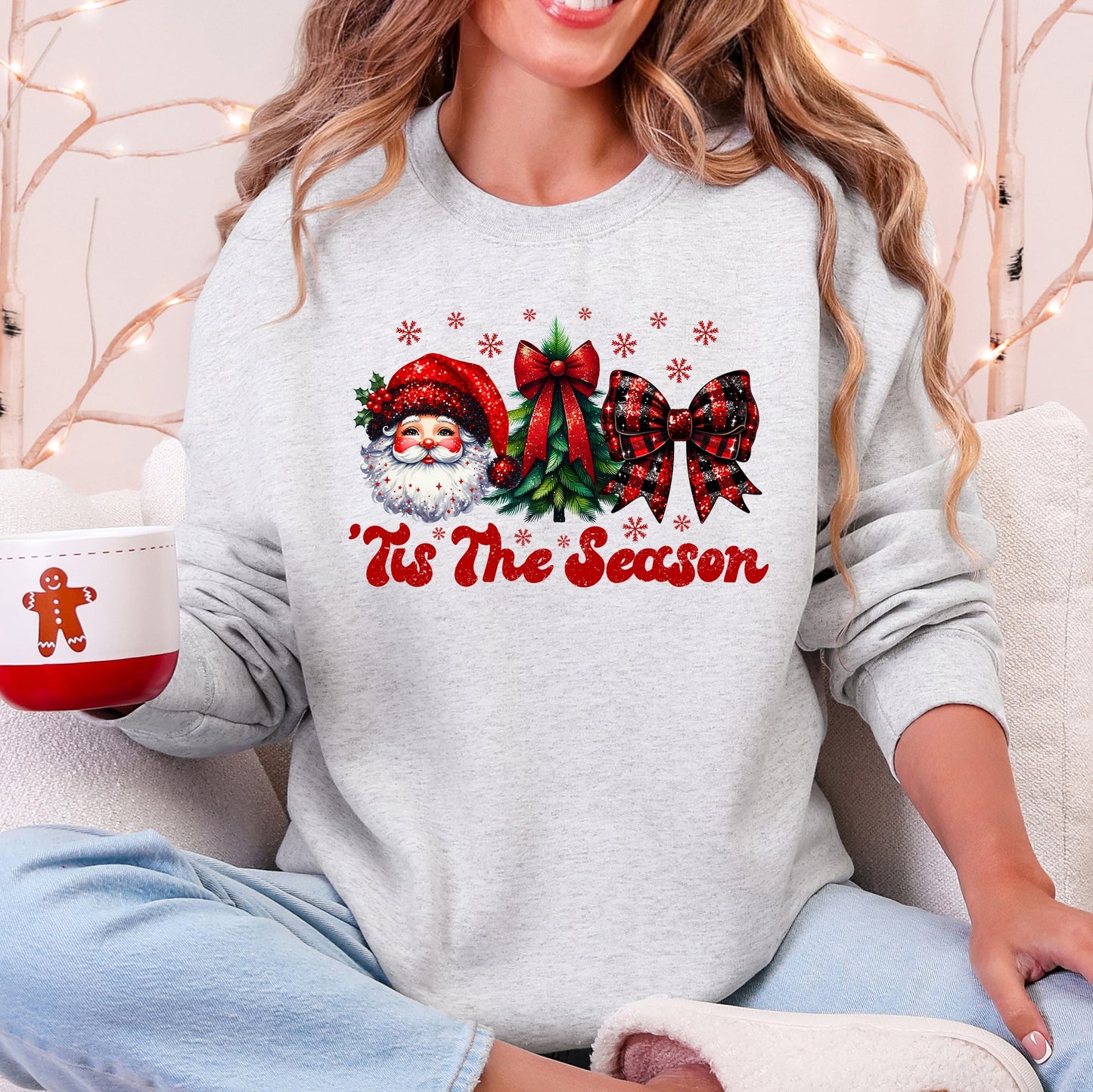 Tis The Season, Santa, Christmas, Checkered Bow, Ribbon Sweatshirt
