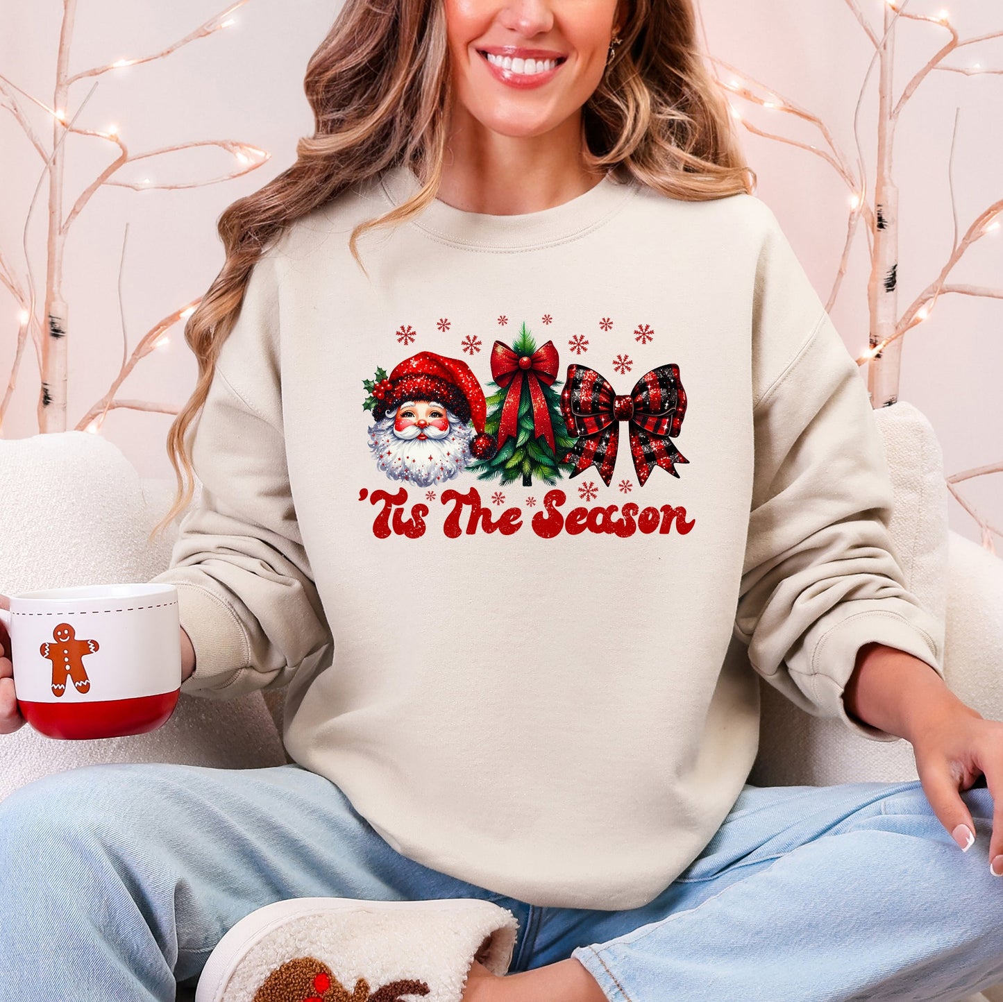Tis The Season, Santa, Christmas, Checkered Bow, Ribbon Sweatshirt