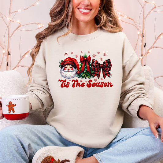 Tis The Season, Santa, Christmas, Checkered Bow, Ribbon Sweatshirt