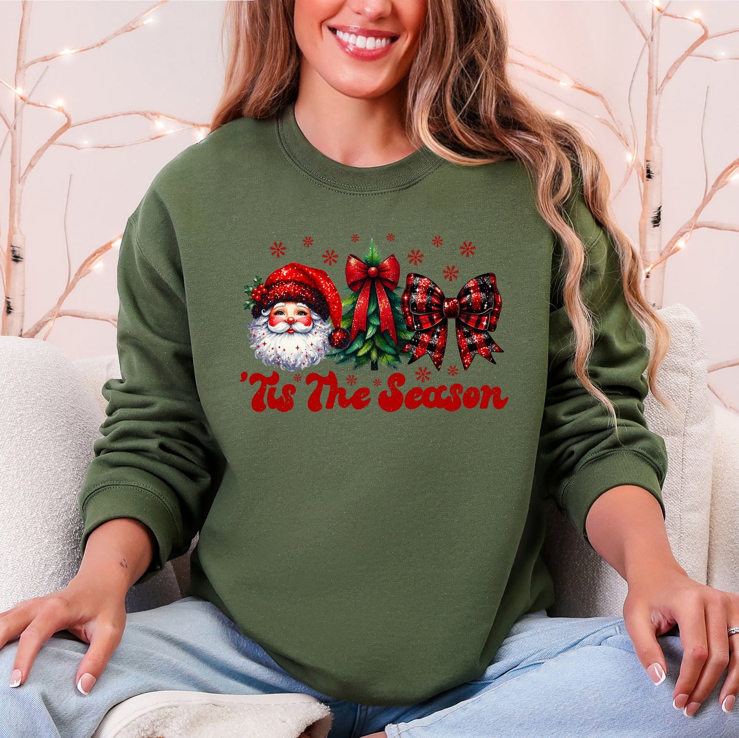Tis The Season, Santa, Christmas, Checkered Bow, Ribbon Sweatshirt