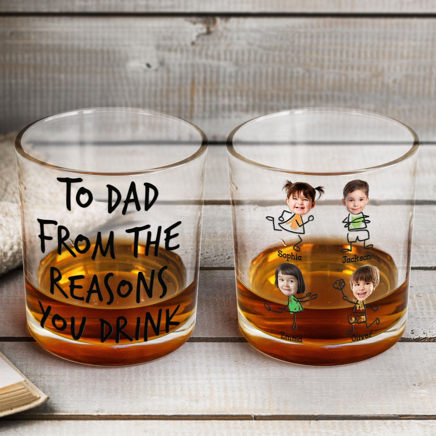 Custom Photo To Dad From The Reasons You Drink - Personalized Whiskey Glass - Father's Day Gift for Dad, Daddy, Grandpa