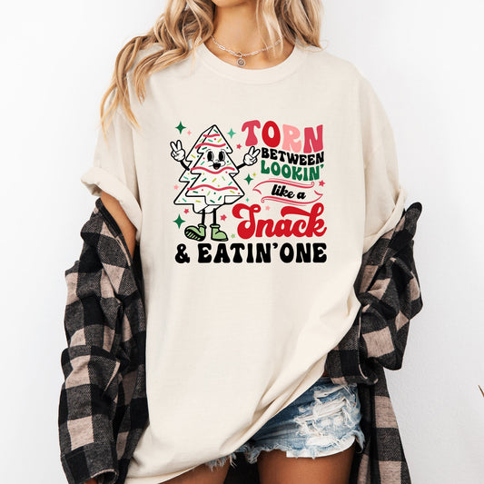 Torn Between Looking Like A Snack And Eating One, Christmas Cakes, Santa, Winter, Xmas Tshirt Comfort Colors T-Shirt