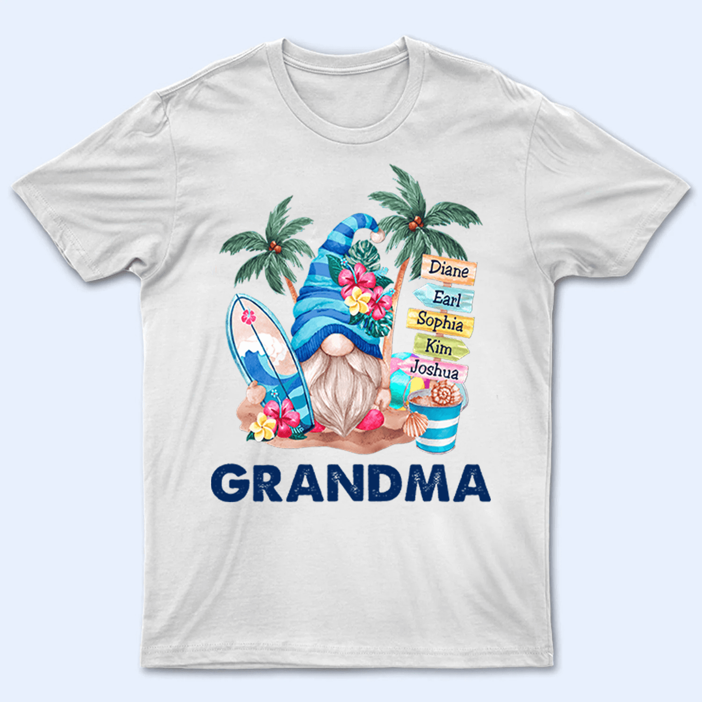 Grandma Gnome Surfboards Summer Vacation - Personalized Custom T Shirt - Summer Gift for Grandma/Nana/Mimi, Mom, Wife, Grandparent