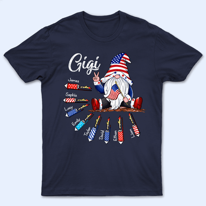 Fourth 4th Of July Gnome Grandma's Firecrackers - Personalized Custom Kids Names T Shirt - Independence Day, Birthday, Loving, Funny Gift for Patriotic Grandma/Nana/Mimi, Mom, Wife, Grandparent