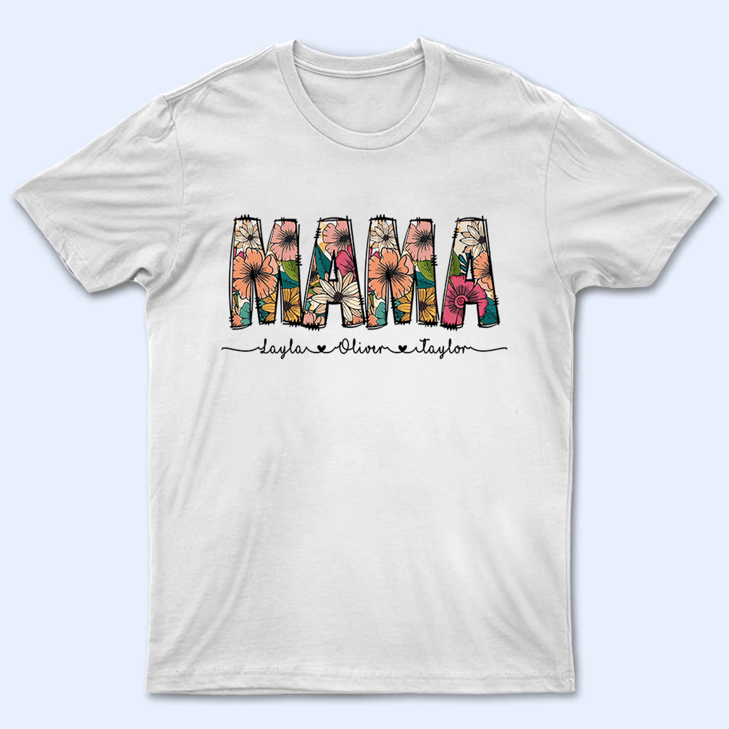 Floral Mama Custom Kid's Names with Sweet Hearts - Personalized Custom T Shirt - Mother's Day, BirthdayGift for Mom, Mama