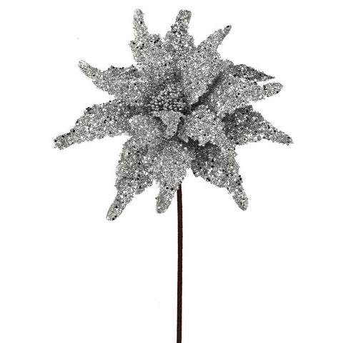 22" SEQUIN GLITTER POINSETTIA STEM SILVER