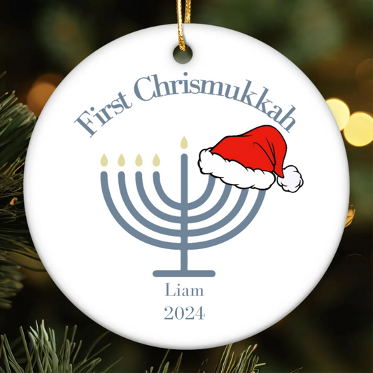 First Chrismukkah - Personalized Circle Ceramic Ornament - Interfaith Family Gift Ideas, Jewish and Christian Family Decorations