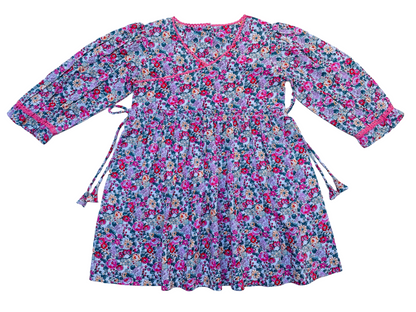 Long Sleeves Pink Bloom Overlap Girl's Cotton Dress